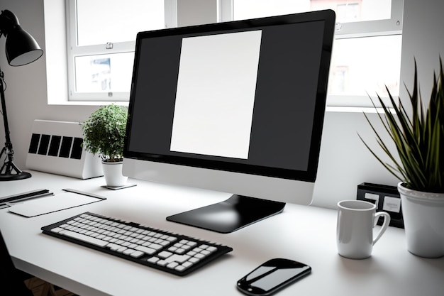 Coworking-Space-Computer-Desktop-Modell mit leerem Bildschirm und Tastatur