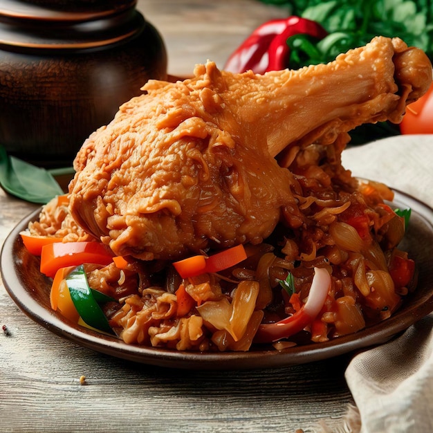 Coxa de frango frito de ragout de vista lateral com pimentão cebola e verduras em cima da mesa