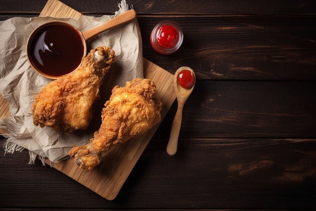 Coxa de frango frito e ketchup em fundo de madeira