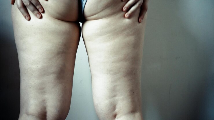 Foto coxa de uma mulher com celulite massagem cosmética com problema de figura uma garota com sobrepeso massageia a perna com as mãos e verifica a celulite