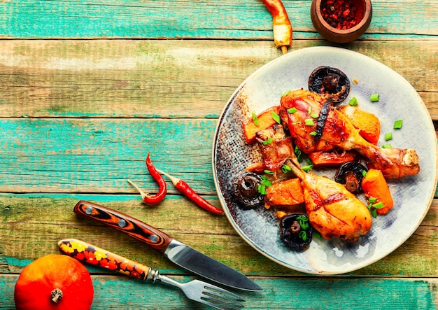 Coxas de frango assadas com espaço de abóbora para texto