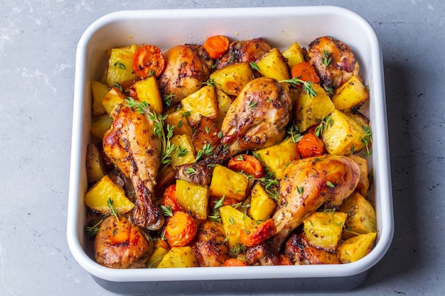 Coxas de frango assadas e batatas fritas parecem deliciosas.