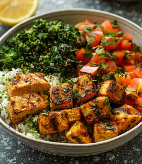 Foto coxas de frango grelhadas com couve de arroz e salada de tomate