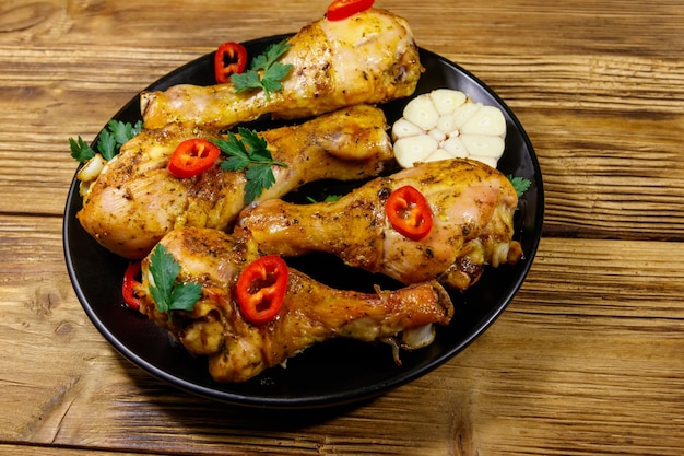 Coxinhas de frango assado com especiarias em um prato preto sobre uma mesa de madeira