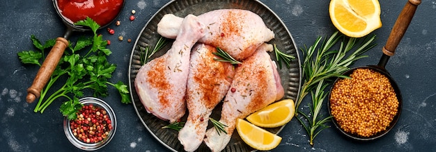 Coxinhas de frango cru com ingredientes para cozinhar em um fundo de pedra preta. fundo de comida,