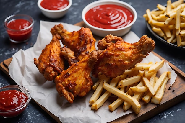 Coxinhas de frango frito de ângulo alto com ketchup e batatas fritas