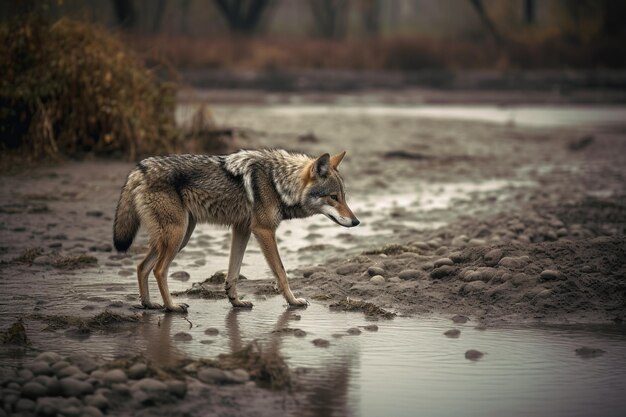 Un coyote acecha en el lecho de un río contaminado en busca de presas A pesar del ambiente contaminado, este resistente depredador persiste en su búsqueda de alimento y supervivencia IA generativa