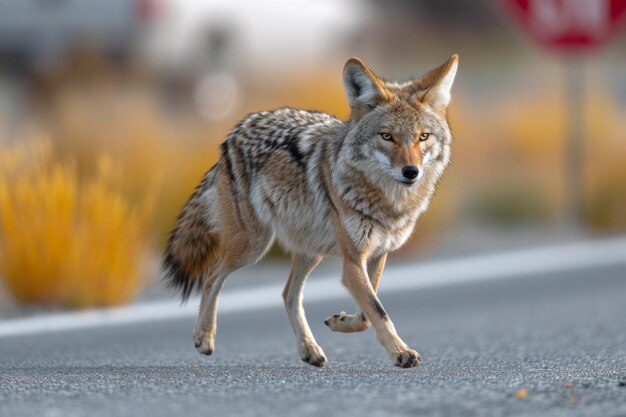 El coyote cruza una carretera desierta a plena luz del día
