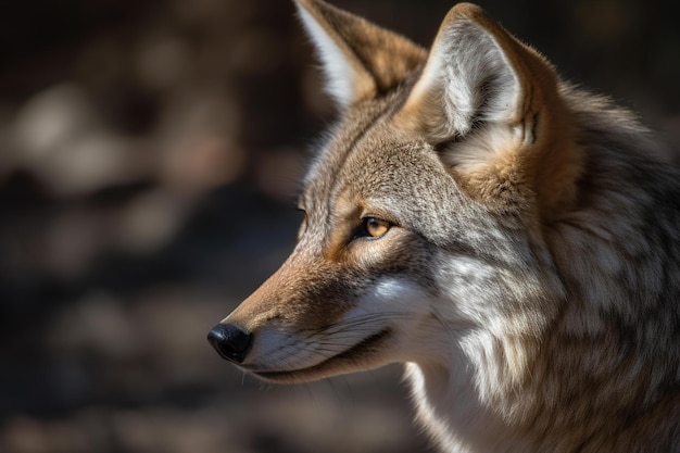 Un coyote con nariz negra y ojos amarillos.