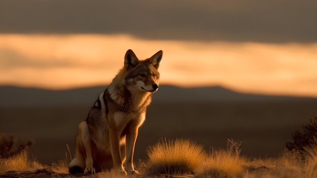 Coyote se sienta y observa el fondo de la naturaleza de la presa.