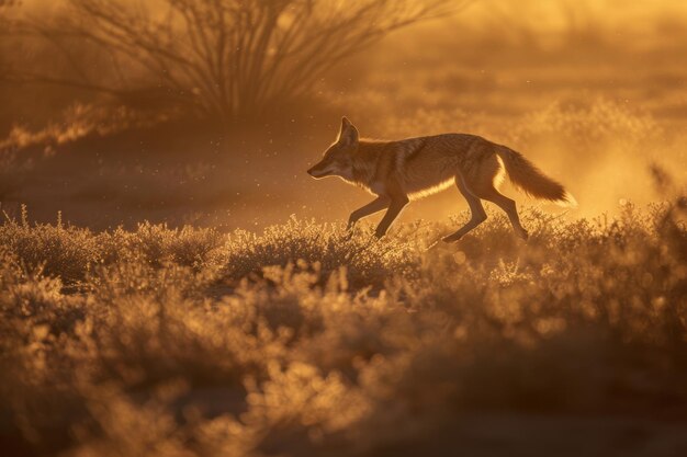 Coyotes trotan a través de la hierba seca Coyotes tratan a través del campo al amanecer