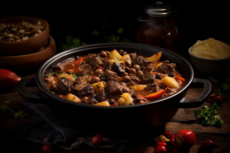 Foto cozido a portuguesa com carne bovina e porca cozida lentamente delicioso cozido uma fotografia de imagem de comida