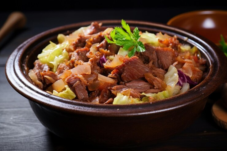Foto cozido a portuguesa com carne de porco cozida lentamente e cabra delicioso cozido uma fotografia de imagem de comida