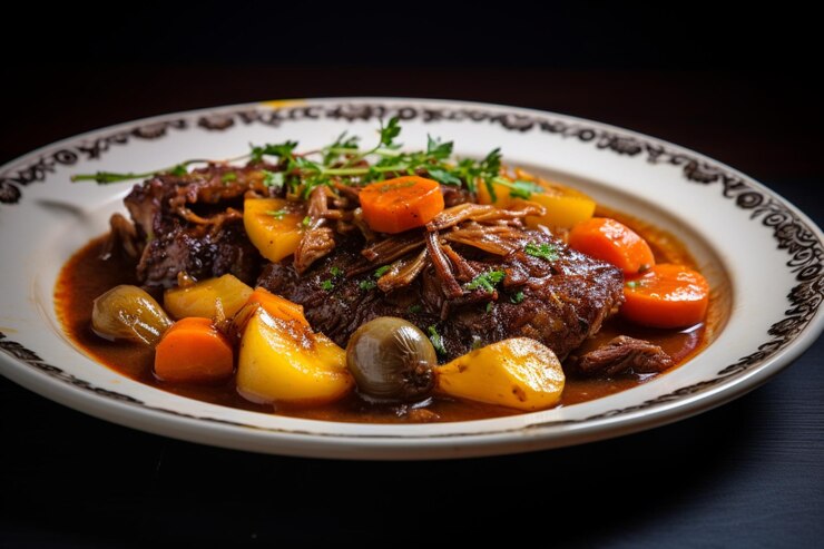 Foto cozido a portuguesa com carne macia e cenouras delicioso cozido uma fotografia de imagem de comida