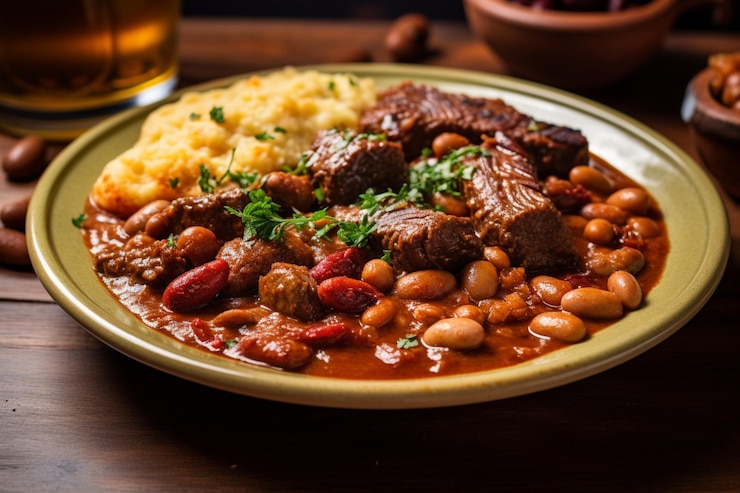 Foto cozido a portuguesa com carnes e feijões saborosos cozido uma fotografia de imagem de comida