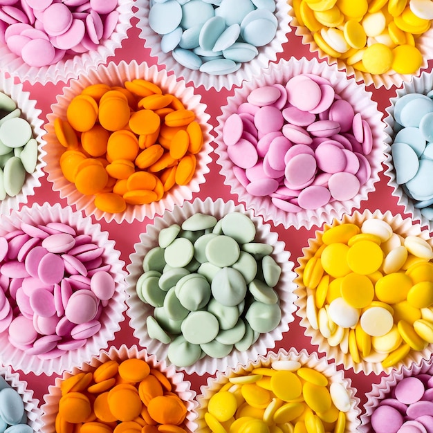 Foto cozimento de chocolate multicolorido para fazer sobremesas em forma de cupcake sobre um fundo rosa