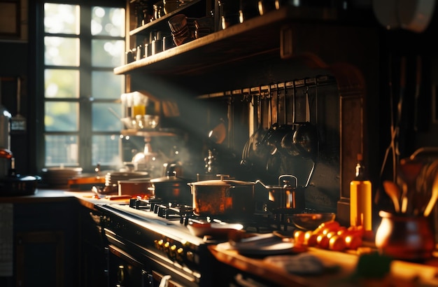 Foto cozinha aconchegante em uma casa fora da cidade enquanto cozinha