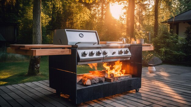 Cozinha ao ar livre com bela grelha de cozinha com fogo ardente Ilustrador de IA gerativa