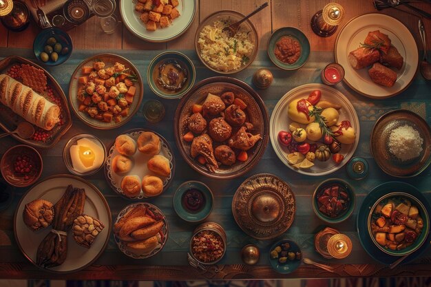 Cozinha árabe Refeição tradicional de Iftar do Oriente Médio