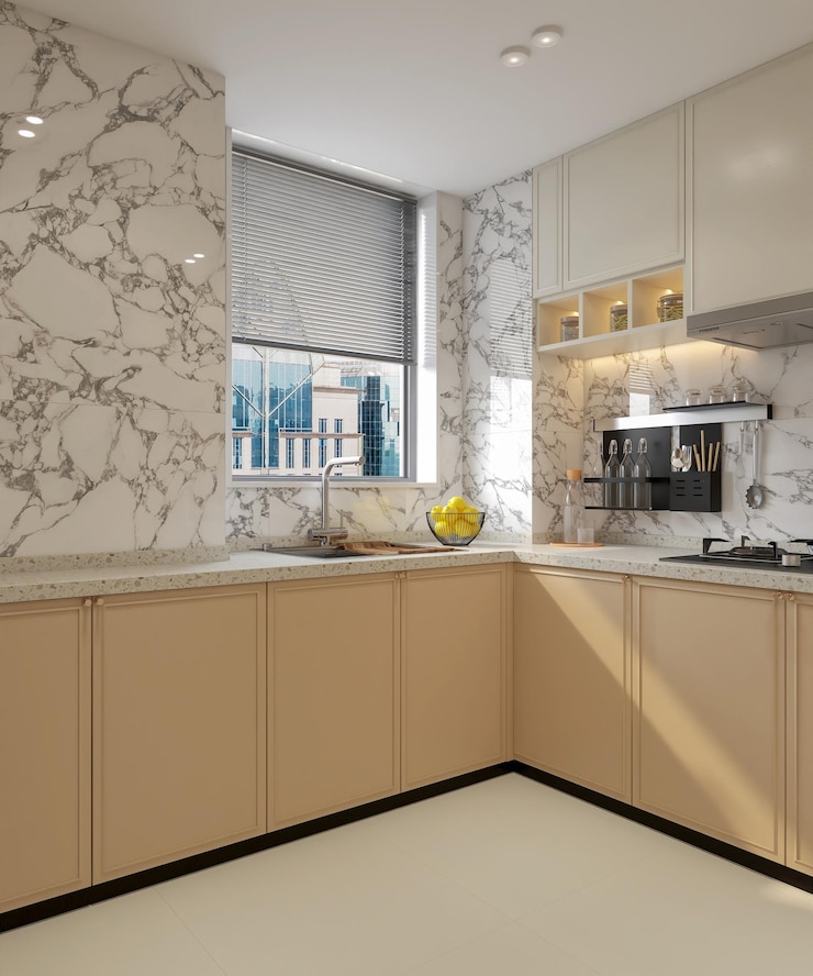 Foto cozinha beige moderna com backsplash de mármore