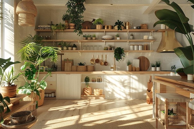 Cozinha bohochic com prateleiras abertas e plantas oct