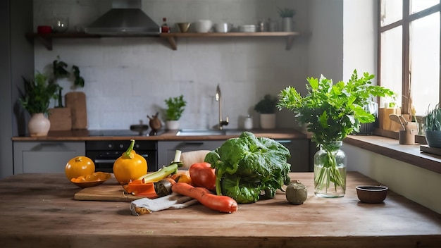 Cozinha borrada com vegetais em espaço de mesa para design