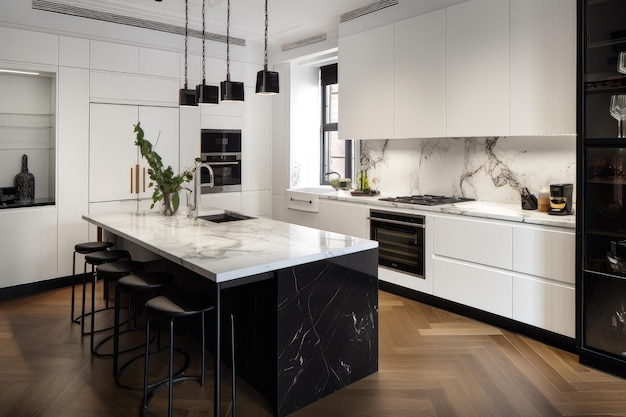 Cozinha branca com detalhes em preto, eletrodomésticos elegantes e bancadas de mármore criadas com inteligência artificial generativa
