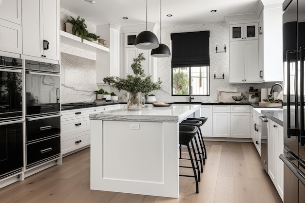 Cozinha branca com eletrodomésticos pretos e bancadas de mármore elegantes criadas com IA generativa