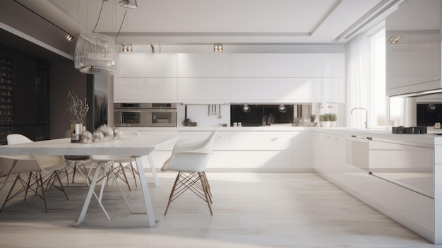 Cozinha branca minimalista espaçosa e moderna com área de jantar pisos brancos fachadas brancas ta de jantar branca