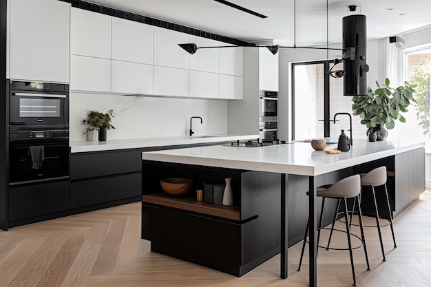 Cozinha branca moderna com elegantes eletrodomésticos pretos e detalhes criados com IA generativa