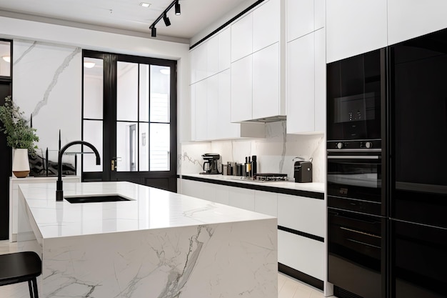 Cozinha branca moderna com eletrodomésticos pretos elegantes e bancadas de mármore criadas com IA generativa