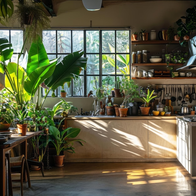 Cozinha cheia de plantas em vaso