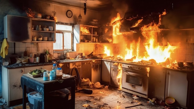Foto cozinha com muito fogo no meio e um fogão em chamas no meio da cozinha com muitas chamas na bancada do fogão ia geradora