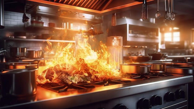 Cozinha com muito fogo no meio e um fogão em chamas no meio da cozinha com muitas chamas na bancada do fogão IA geradora