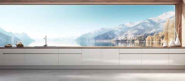Cozinha contemporânea com acentos de madeira grande janela com vista para a água