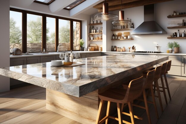 Cozinha contemporânea com um design brilhante e elegante com uma bancada de mármore