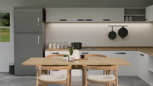 Cozinha contemporânea moderna com balcão de mesa com geladeira cinza moderna superior de madeira