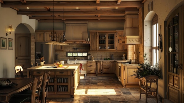 Cozinha convidativa iluminação sutil armários texturizados balcões de pedra e zona de jantar familiar