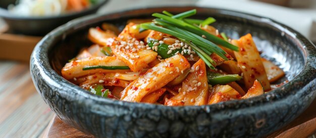 Foto cozinha coreana frita com palitos de bolo de arroz pegajoso com legumes