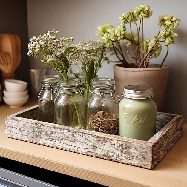 cozinha_counter_with_weathered_wooden_tray_with_mason_ja