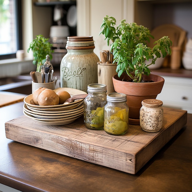 cozinha_counter_with_weathered_wooden_tray_with_mason_ja