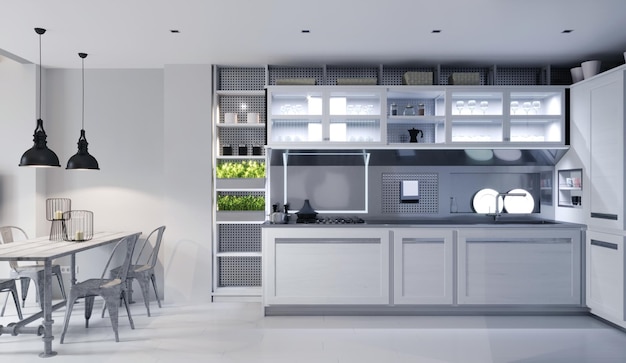 Cozinha de canto branco em design contemporâneo com mobiliário tecnológico moderno. Renderização 3D.