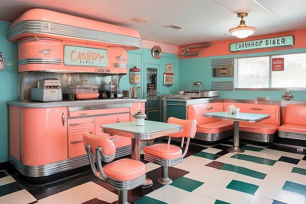 Cozinha de carhop diner dos anos 50 com aparelhos de coral pastel, decoração de bandeja de carhop e sinalização vintage de carhop Diner