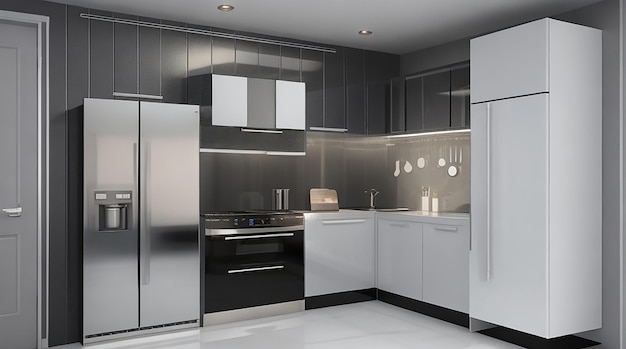 cozinha de design luxary moderna de renderização 3D com geladeira