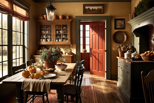 Cozinha de fazenda aconchegante com mesa de colheita e cores quentes cercada por portas francesas