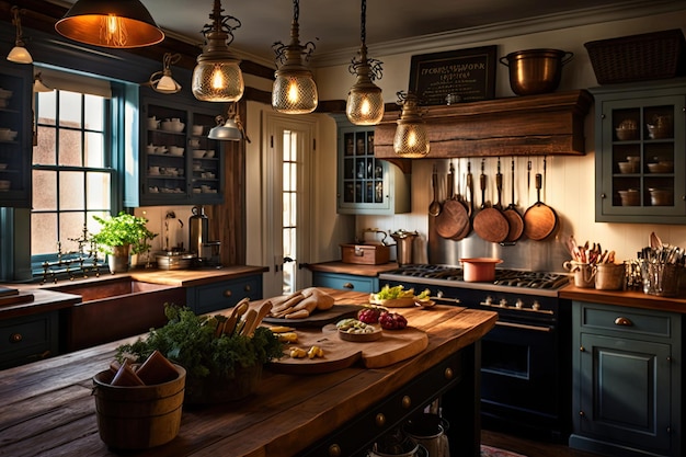 Cozinha de fazenda com bancada de madeira rústica, panelas vintage e iluminação eclética