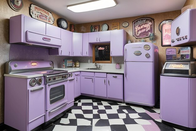 Foto cozinha de pinball retro com aparelhos roxos pastel decoração de máquina de pinball e sinalização de pinball vintage