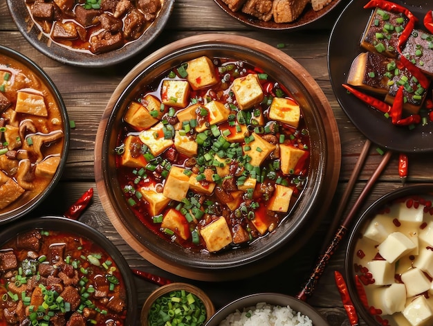 Foto cozinha de sichuan sabores picantes e ousados com pratos como mapo tofu