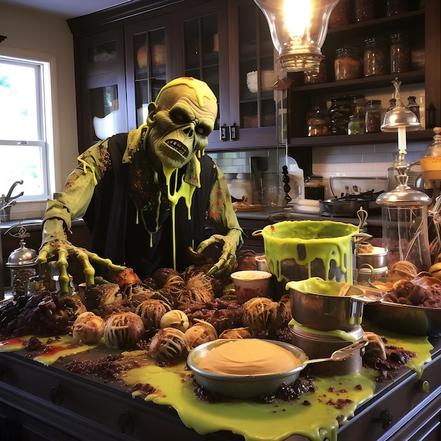 Cozinha decorada para festa de Halloween em casa cheia de terror e assustador