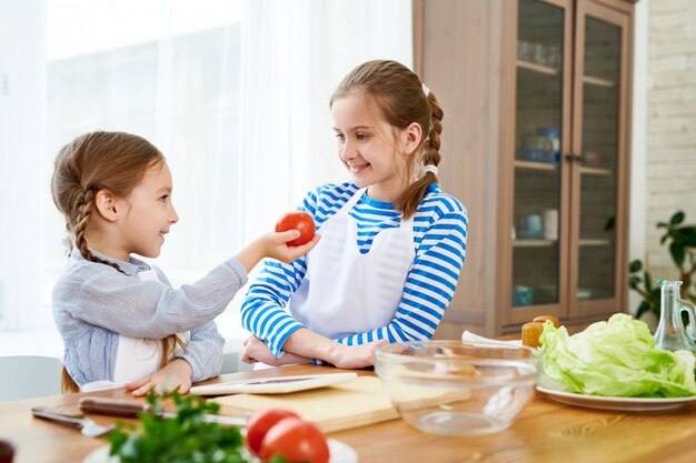 Cozinha deliciosa salada com irmã mais velha